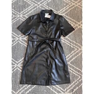 NWT Evereve Clara Short Sleeve Faux Leather Belted Dress Black M